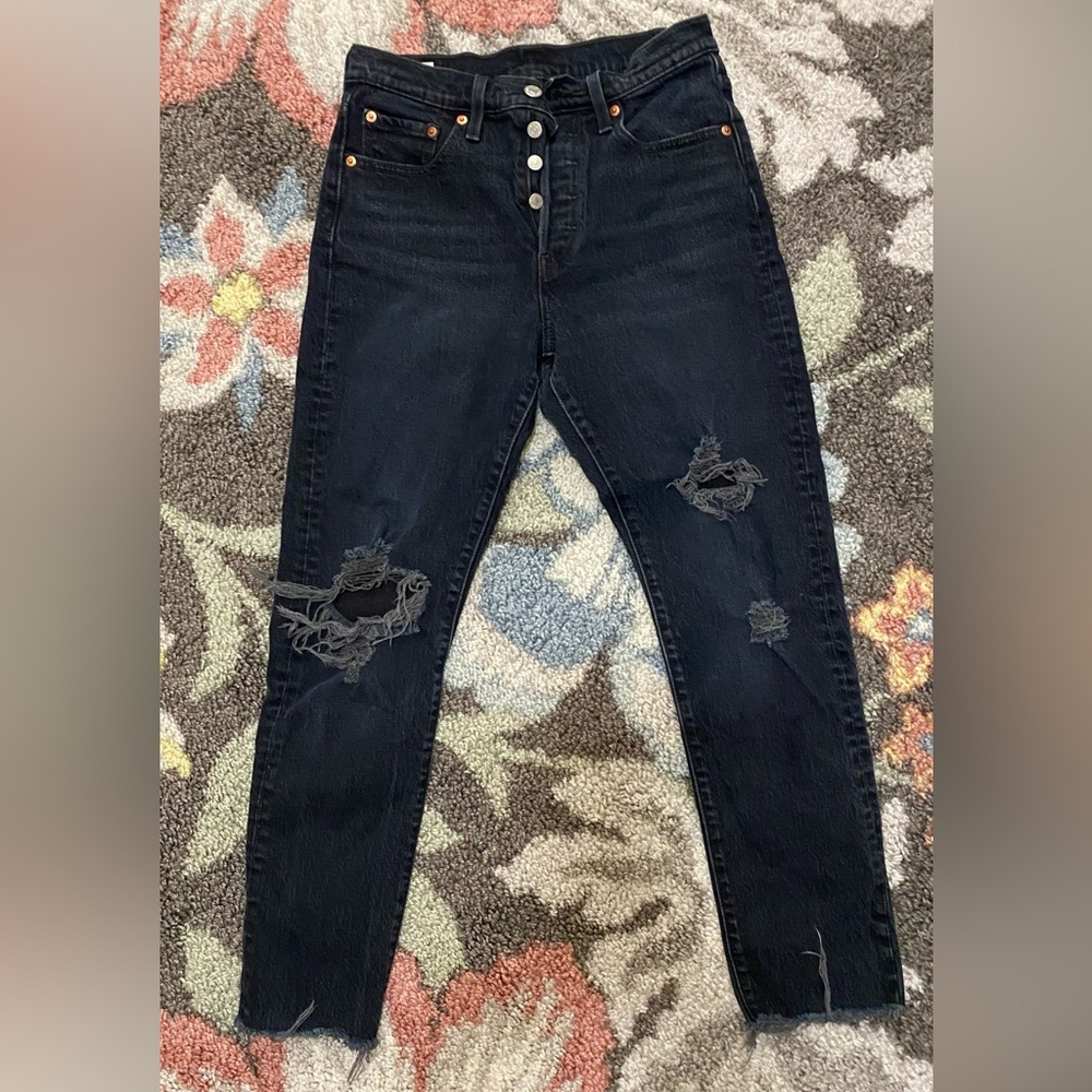 Levi's 501 High Waisted Black Denim Cropped Jeans